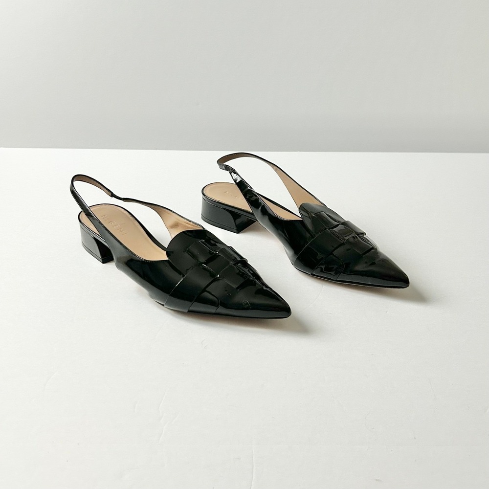 M.Gemi Black Patent Leather Woven Pointed Slingback Block Heel 40.5 IT 9.5 US